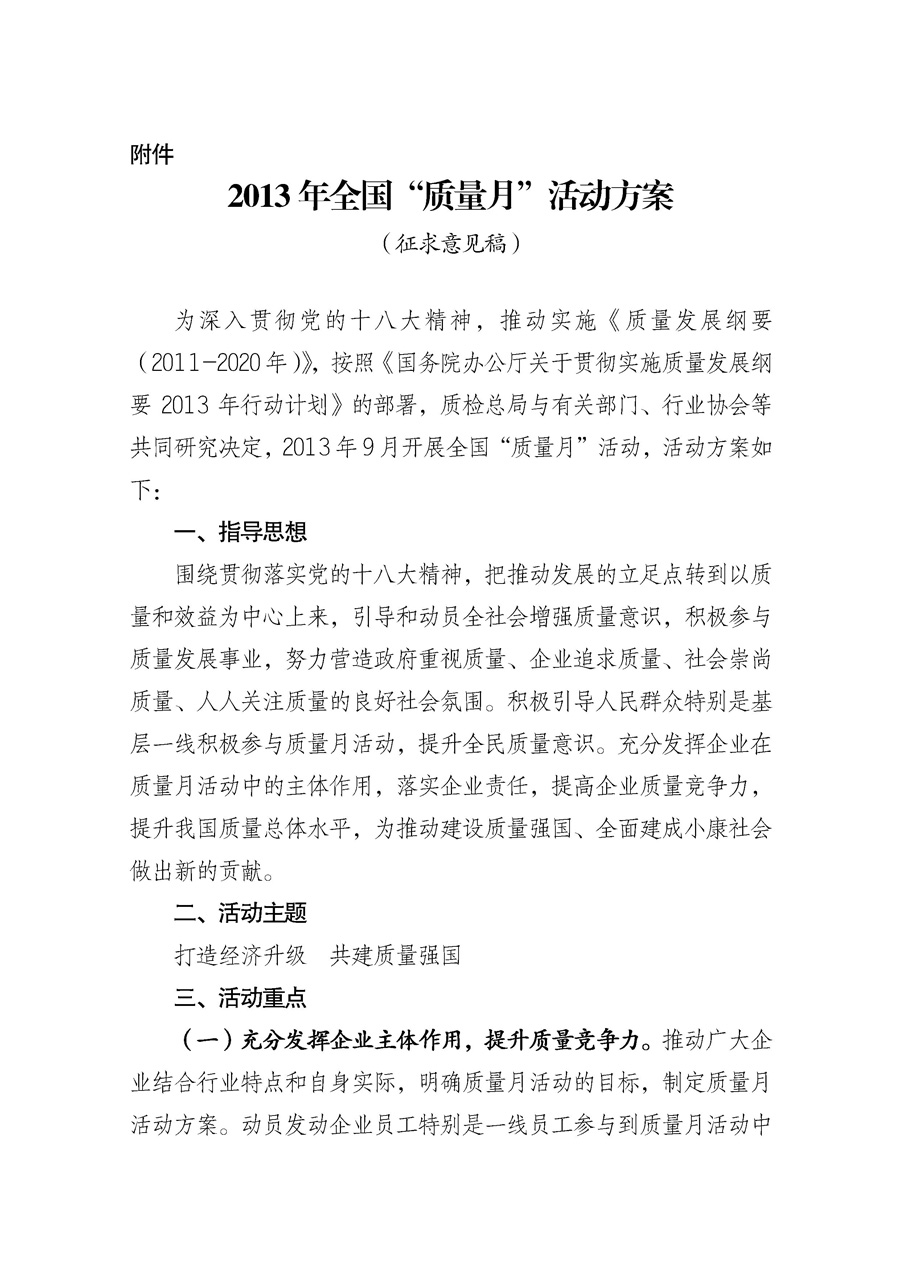 國家質(zhì)量監(jiān)督檢驗(yàn)檢疫總局《質(zhì)檢總局辦公廳關(guān)于征求<2013年全國&ldquo;質(zhì)量月&rdquo;活動方案>意見的函》